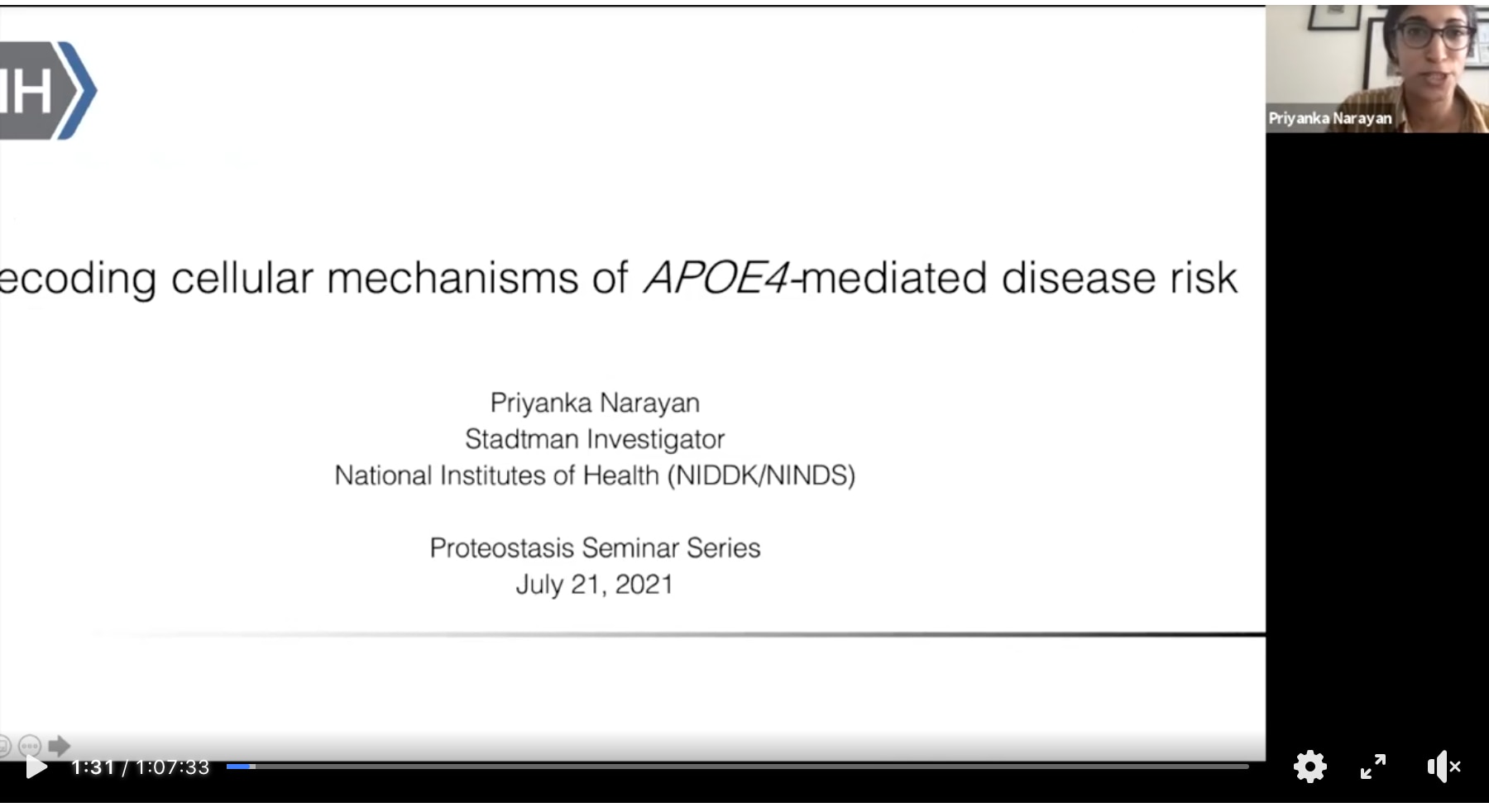 Screenshot of opening slide of seminar on APOE4-associated cellular pathologies.