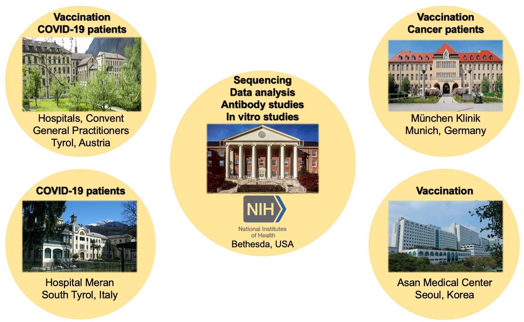 Medical research facilities in Austria, Italy, Germany, South Korea, and at the NIH.