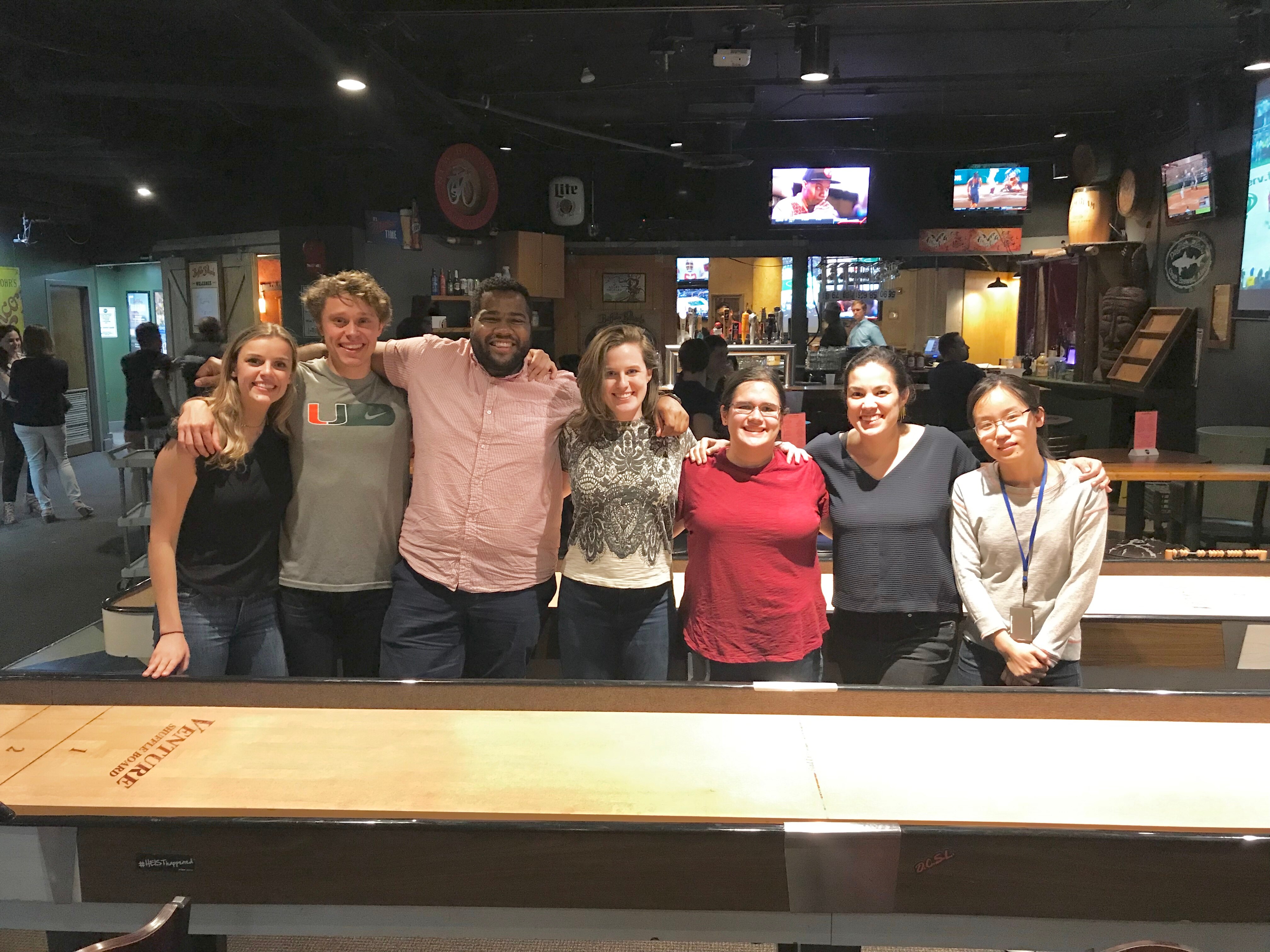 Photo of lab members of Section of Regulatory RNAs smiling at a restaurant.