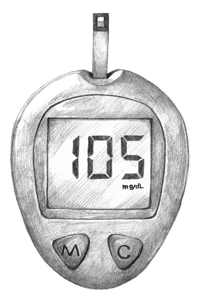 Drawing of a blood glucose meter with a test strip inserted. The screen shows a result of 105.