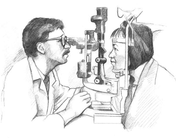 Drawing of a woman having her eyes examined by a male doctor using a machine.