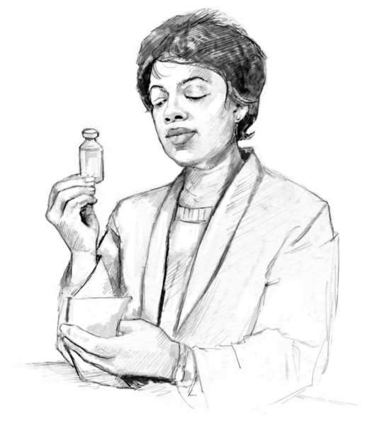 Drawing of a woman holding a bottle of insulin in her right hand and looking at a piece of paper she’s holding in her left hand.