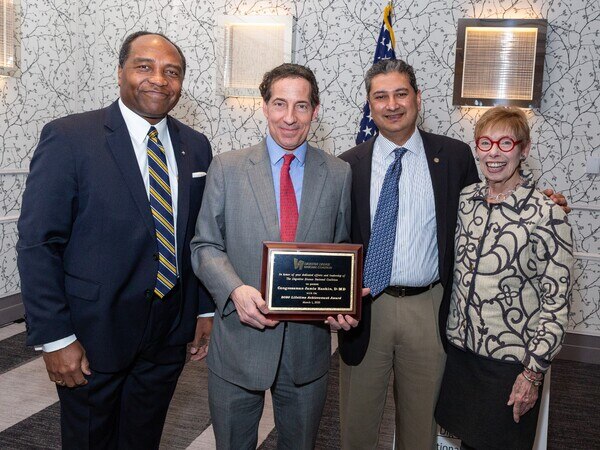 House Representative Jamie Raskin accepts a lifetime achievement award from the Digestive Disease National Coalition (DDNC) in March 2020 at the 30th Annual DDNC Public Policy Forum.  Left to right: Dr. Griffin Rodgers (NIDDK), Rep. Jamie Raskin, Dr. Samir Shah (DDNC President), and Nancy Ginter (DDNC Chairperson).