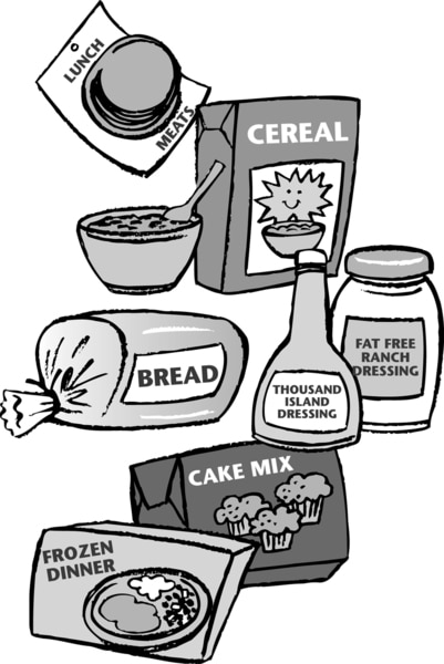 Illustration of prepared foods, such as cereal, bread, and frozen dinners.