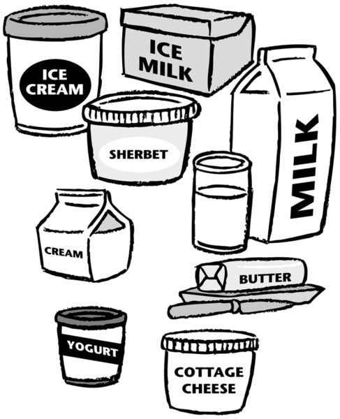Illustration of a variety of dairy products, such as ice cream, milk, butter, and cottage cheese.