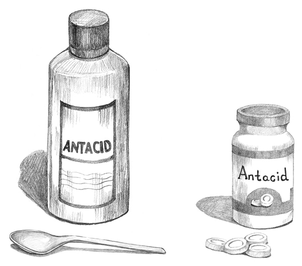 Illustration of bottles of antacids.