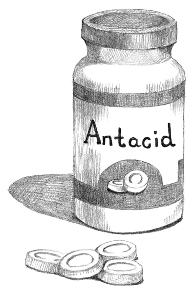 Drawing of a bottle of antacid pills.