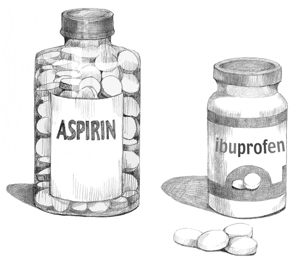Illustration of bottles of nonsteroidal anti-inflammatory drugs.