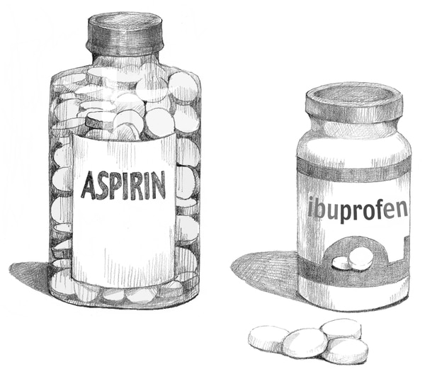 Illustration of bottles of nonsteroidal anti-inflammatory drugs.