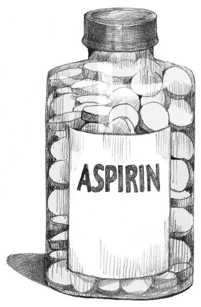 Drawing of a bottle of aspirin.
