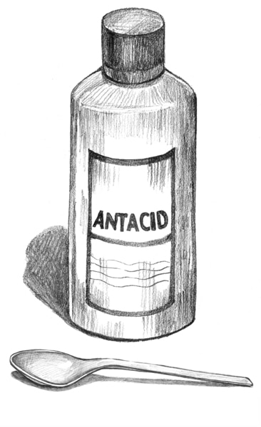 Drawing of a bottle of liquid antacids.