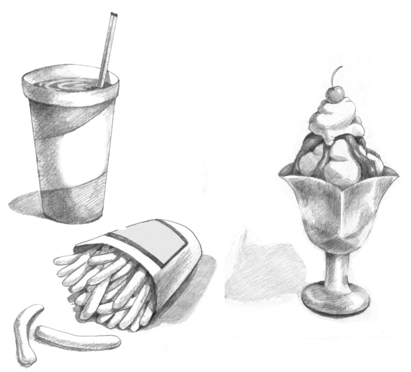 Drawing of soda, French fries, and ice cream sundae.