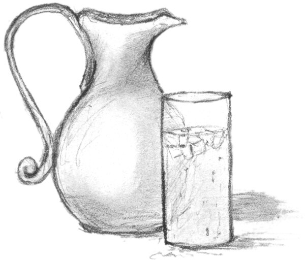 Drawing of a pitcher and a glass of water.