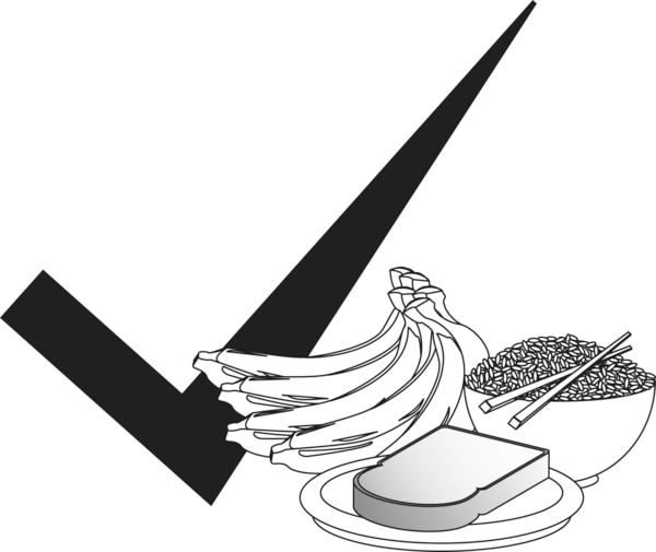 Drawing of "safe" bland foods to eat if you have diarrhea, such as rice, bananas, and toast.