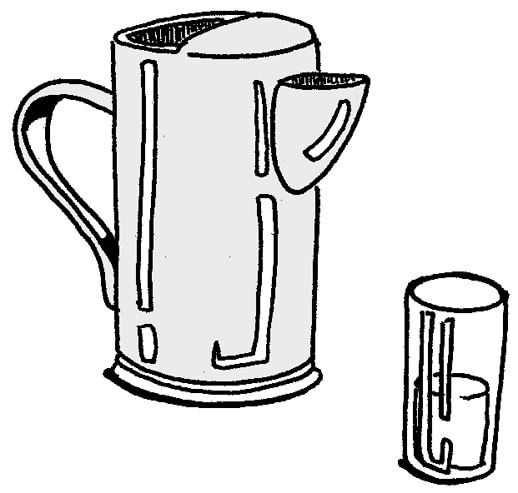 Drawing of a pitcher and a glass of water.