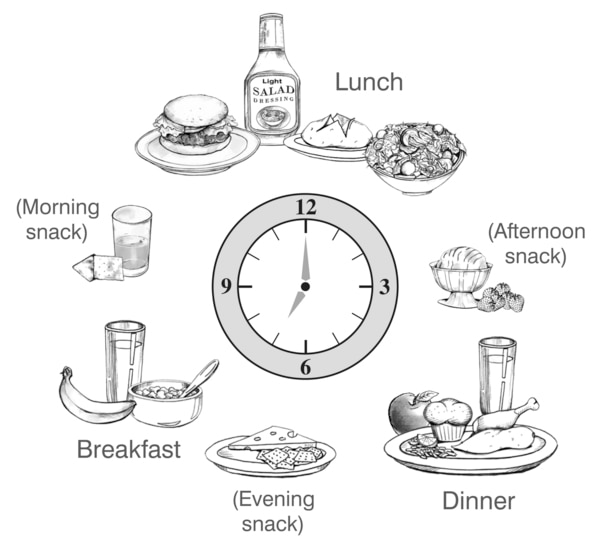 Drawing of foods for breakfast, lunch, dinner, a morning snack, an afternoon snack, and an evening snack, arranged in a circle around a clock. Breakfast, morning snack, lunch, afternoon snack, dinner, and evening snack are labeled.