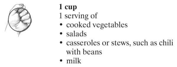 Drawing of a closed fist, palm side up, with a circle around the whole fist to show the size of a 1-cup serving.