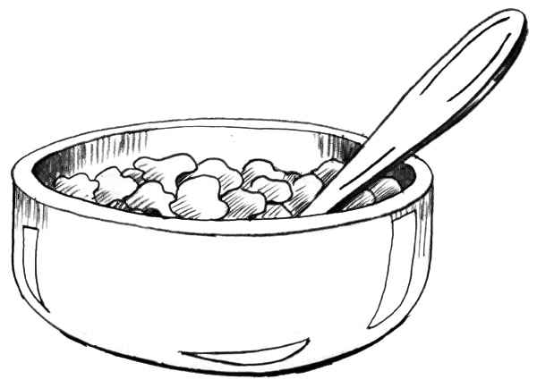 Drawing of a bowl of cereal with a spoon in the bowl.