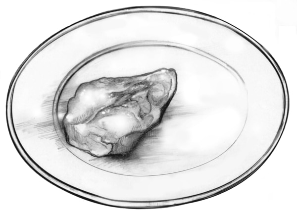 A drawing of an example of a 3-ounce serving of meat and meat substitutes: a piece of cooked lean meat on a plate labeled as 3 ounces of cooked lean meat, chicken, or fish, with a note saying that after being cooked a 3-ounce piece of meat is about the si