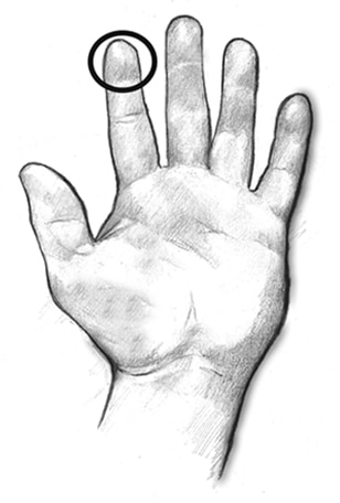 Drawing of an open hand with a circle drawn around the tip of the index finger to show what a serving size of 1 teaspoon looks like.