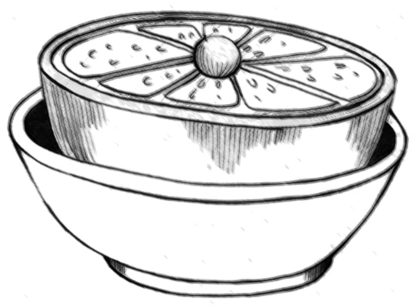 Drawing of half a grapefruit in a bowl.