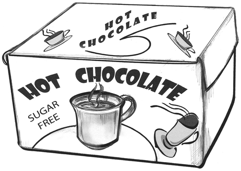 Drawing of a box of hot chocolate mix.