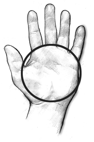 Drawing of an open hand with a circle drawn around the palm to show what a serving size of 3 ounces looks like.