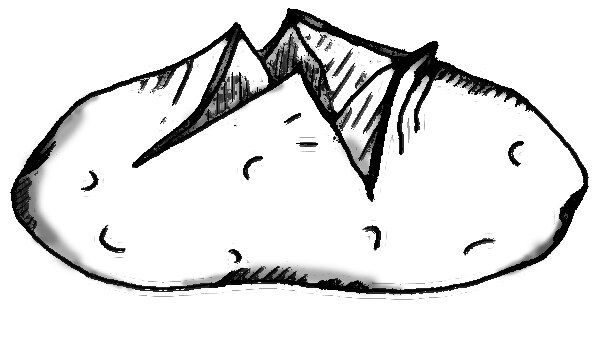 Drawing of a baked potato. The potato has been cut open
