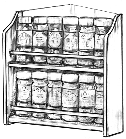 Drawing of a spice rack filled with jars of spices.