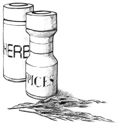 Drawing of two small jars, one labeled as herbs and the other labeled as spices.