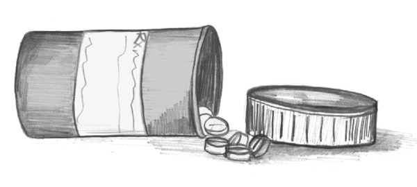 Drawing of an opened bottle of pills.
