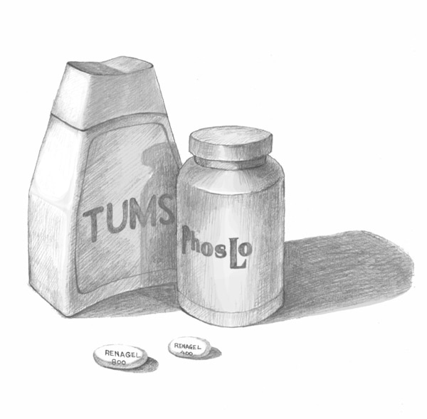 Drawing of pill bottles, labeled Tums and Phoslo, and pills, labeled Renagel.