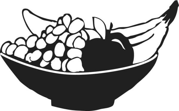Ilustración de un tazón de fruta con plátanos, uvas y una manzana.