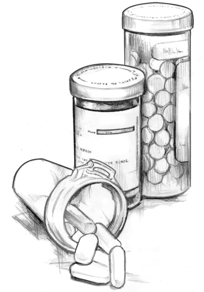 Ilustración de tres recipientes de píldoras y uno de los recipientes abierto con algunas píldoras regadas.