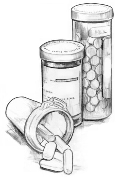 Ilustración de 2 botellas de medicina y un contenedor de medicinas de lado con algunas de las medicinas regadas en la mesa.