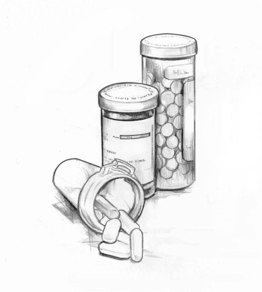 Drawing of three pill bottles with two upright and one on its side.