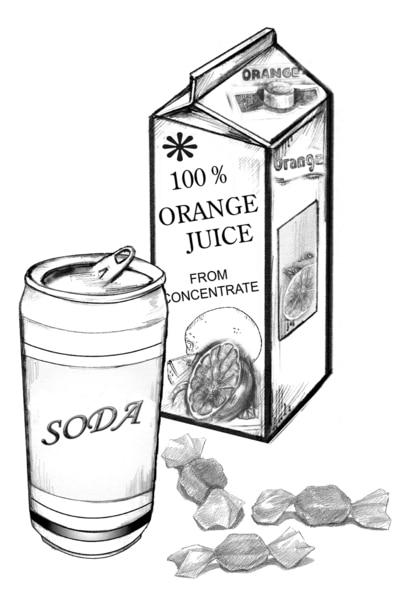 Drawing of a can of soda, a carton of orange juice, and some hard candies.