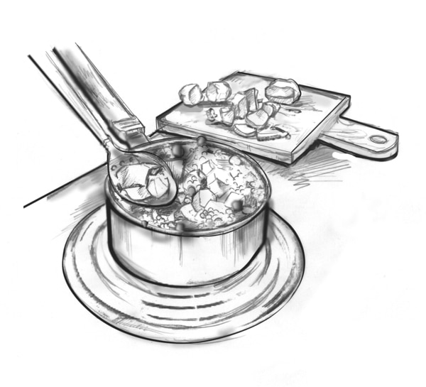 Ilustración de papas cortadas en cubo hirviendo en una olla. Detrás de la olla hay una papa cortada en cubos en cubos en una tabla de picar.