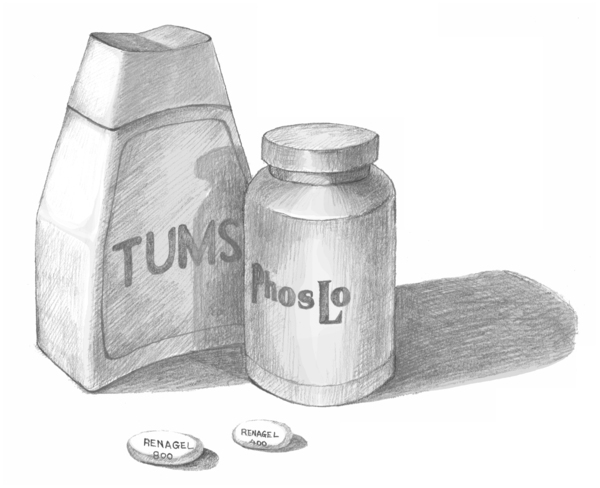 Ilustración de dos aglutinantes de fosfatos sobre una mesa. Una botella se etiqueta “TUMS” mientras la otra se etiqueta “Phoslo”. Las píldoras que se encuentran regadas en la mesa tienen la etiqueta “Renagel”.