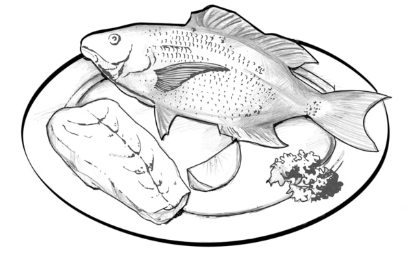 Ilustración de una carne de ave y un pescado cocido en un plato. Una pizca de perejil decora el pescado.