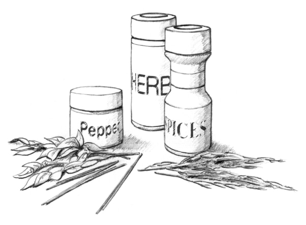 Ilustración de hierbas y especias. Tres botellas con la etiqueta “Pimienta” “Hierbas” y “Especias”. Hay esparcidas hierbas y especias sueltas cerca de la botella.