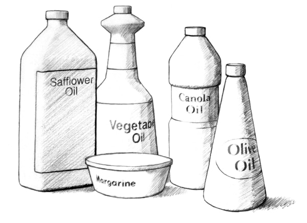Ilustración de aceites vegetales. 4 botellas se etiquetan “Safflower Oil”, “Vegetable Oil”, “Canola Oil” y “Olive Oil”. Un recipiente tiene la etiqueta “margarina”