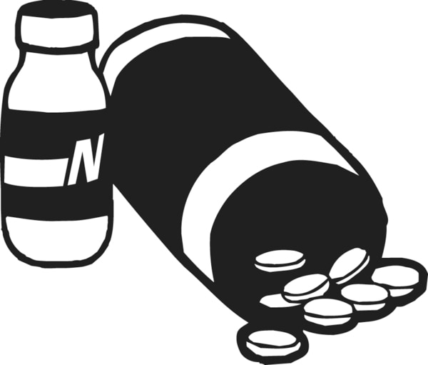Ilustración de una botella de insulina y un envase de pastillas de costado con algunas de las pastillas saliéndose a la mesa.