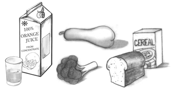 Ilustración de un vaso a medio llenar y un envase de cartón de jugo de naranja junto a varios alimentos ricos en fibra. Se muestra una punta de brócoli, una pera, un pan de molde y una caja de cereal.