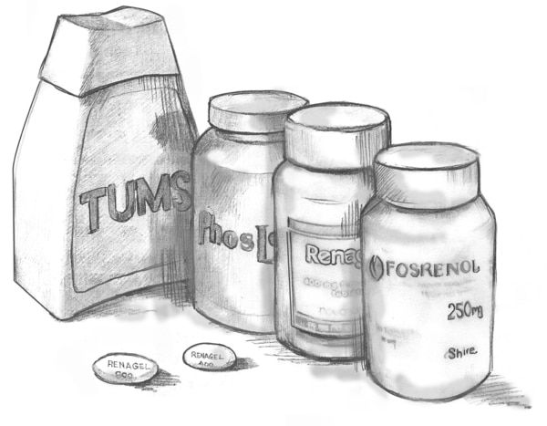 Drawing of four pill bottles labeled “Tums,” “PhosLo,” “Renagel,” and “Fosrenol.”