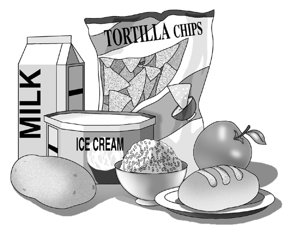 Drawing of a carton of milk, a bag of tortilla chips, a tub of ice cream, a potato, a bowl of rice, an apple, and a roll.