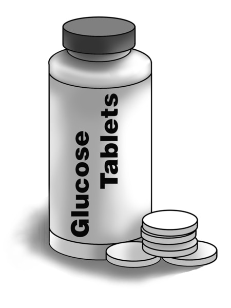 Drawing of a container of glucose tablets with several tablets next to the container.