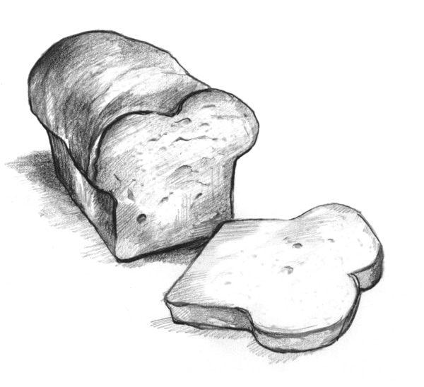 Drawing of a loaf of bread and a slice of bread.