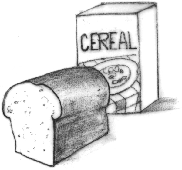 Dibujo de una rodaja de pan y una caja de cereales.