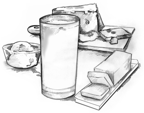 Drawing of a glass of milk, a dish of ice cream, a stick of butter, and a block of cheese.